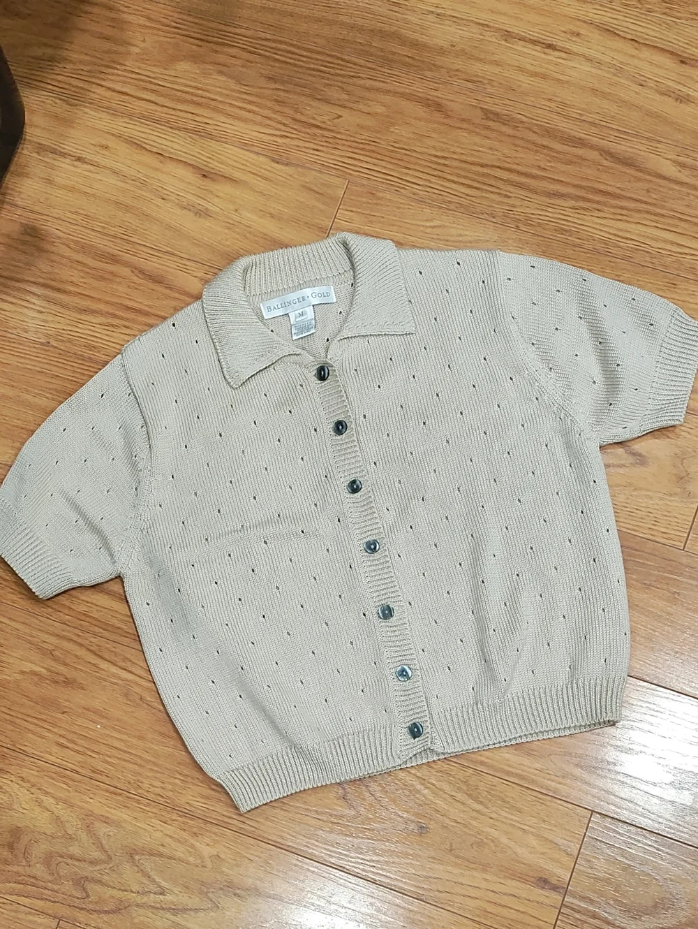 Ballinger Gold Cream Short-Sleeve Button-Up Knit Sweater - Picture 1 of 9